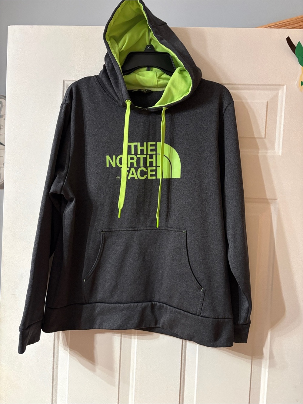 The North Face Men's Charcoal Crewneck Hoodie with Lime Logo
